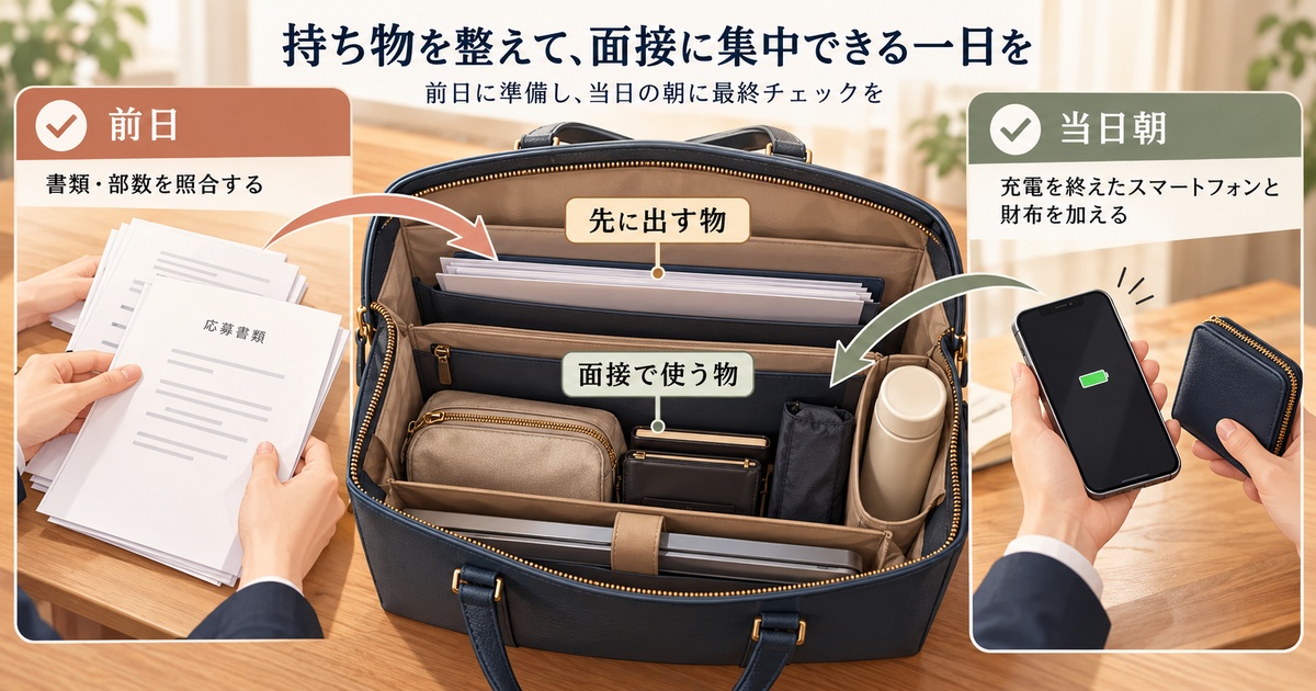 前日に書類と部数を照合し、当日朝にスマートフォンや財布を加え、取り出す順に収納する図