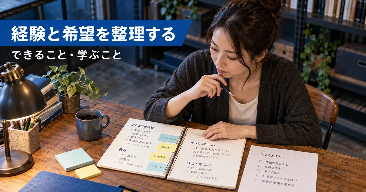 図書室の机でこれまでの経験と希望する仕事を整理する女性