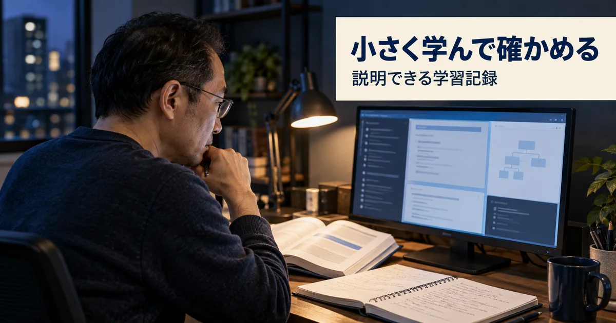 自宅の学習机で公式教材とノートを見ながらITの基礎を学ぶ男性
