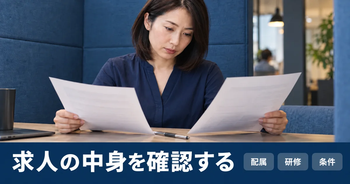 青いブースで二枚の求人票を比較し配属・研修・条件を確認する女性
