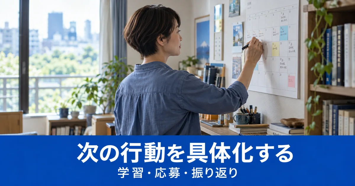 自宅の予定表へ学習と応募の次の行動を書き込む女性
