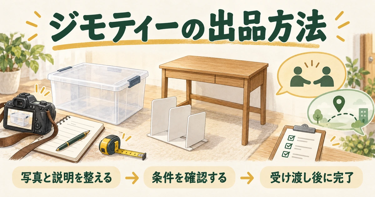 ジモティーへの出品準備から連絡、支払い、取引完了までの流れを示すイメージ