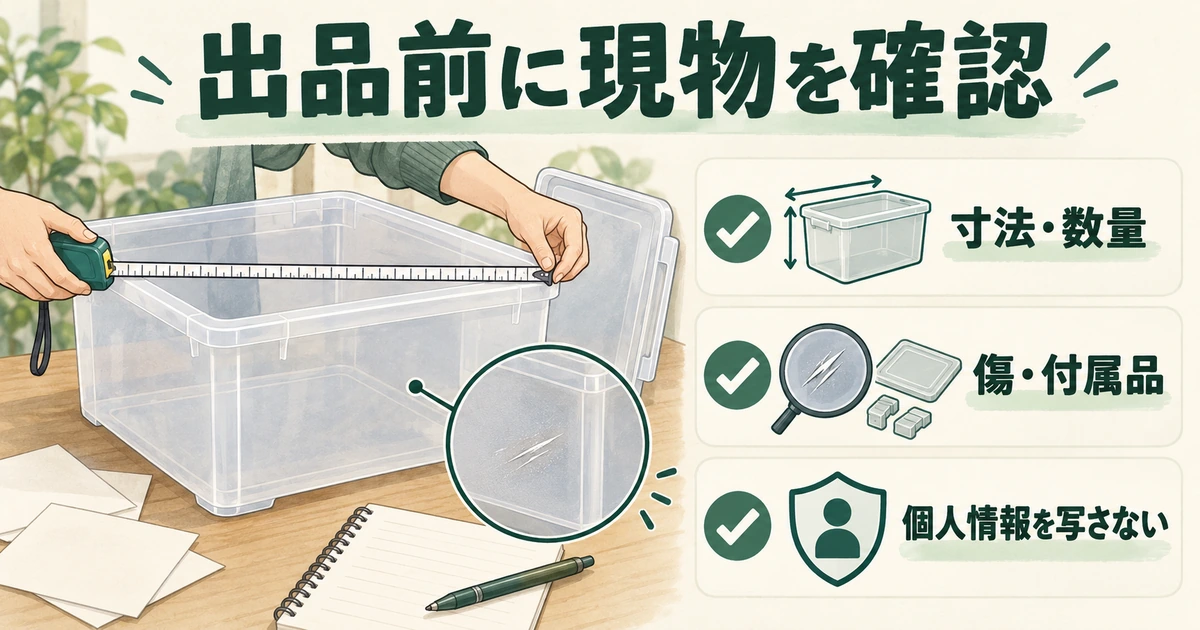 収納ボックスの寸法、傷、付属品を記録し、写り込む個人情報を確認するイメージ