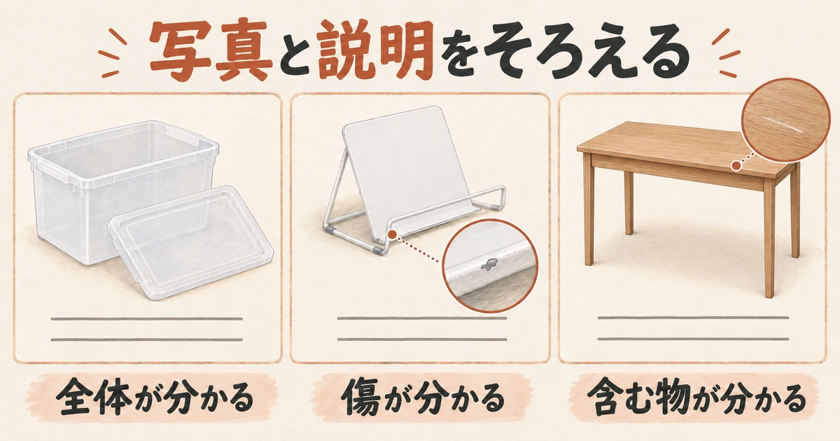 収納ボックス、ブックスタンド、机の写真と状態説明を対応させた記入例のイメージ