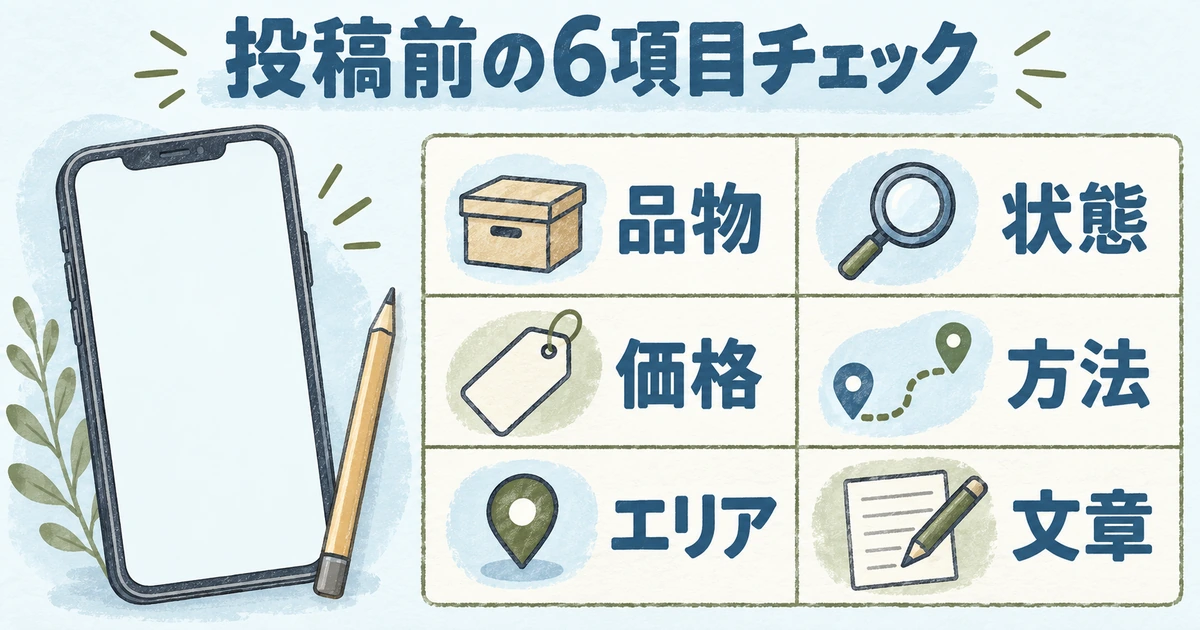 品物、状態、価格、方法、エリア、文章を投稿前に見直す六項目のチェックイメージ