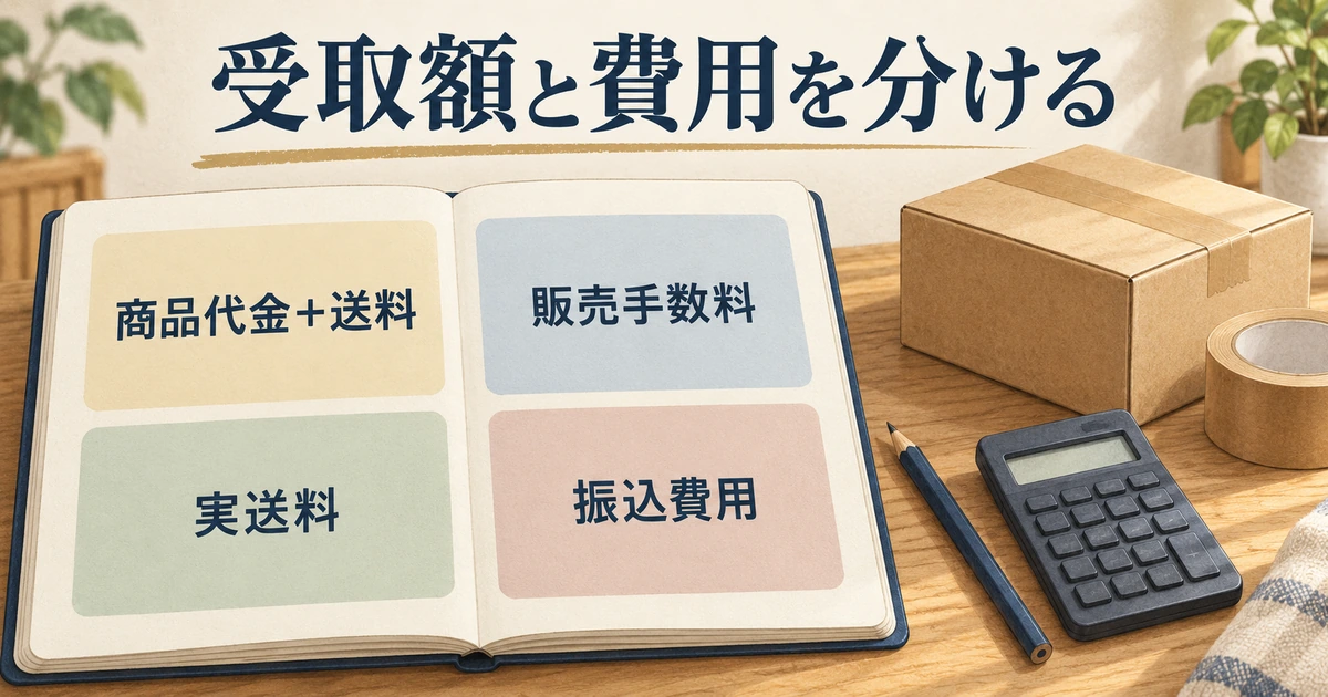 商品代金と送料から販売手数料、実送料、振込費用を分けて考える計算のイメージ