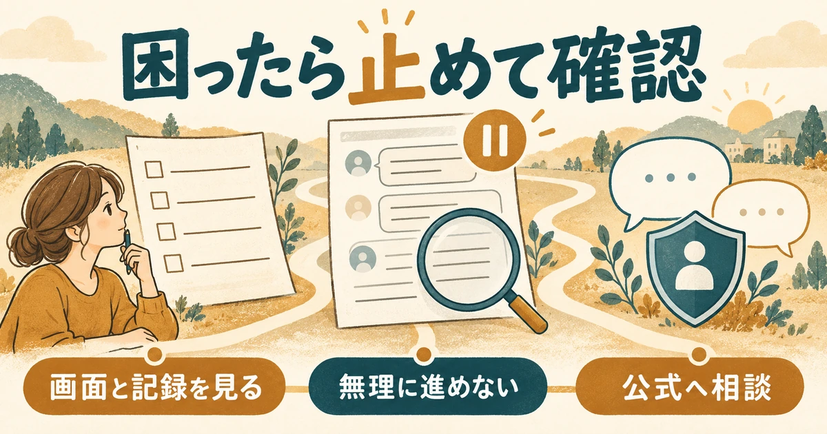 出品や連絡の問題が起きたときに記録を確認し、取引を止めて公式へ相談するイメージ