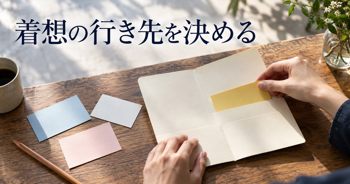 短い着想の行き先を考えるカードとフォルダーのAI概念イメージ