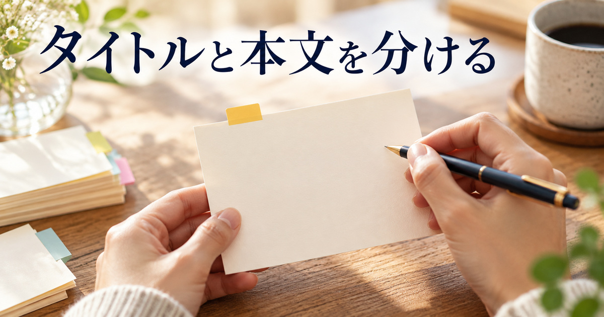タイトルの目印を付けたメモとペンのAI概念イメージ