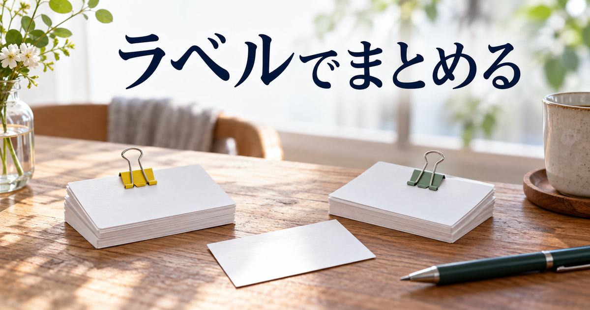 話題ごとにまとめた紙のメモと色の違うクリップのAI概念イメージ