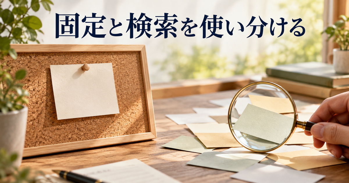 固定した一枚のメモと探すための虫眼鏡のAI概念イメージ