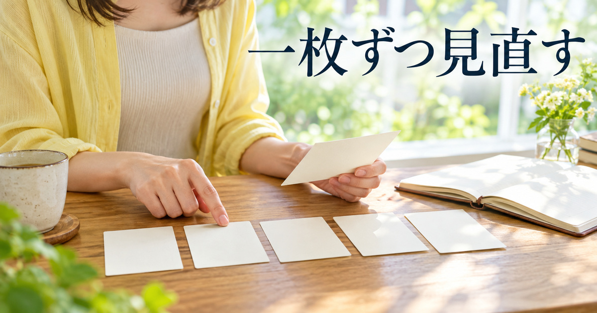 五つのメモを一枚ずつ見直す机上のAI概念イメージ