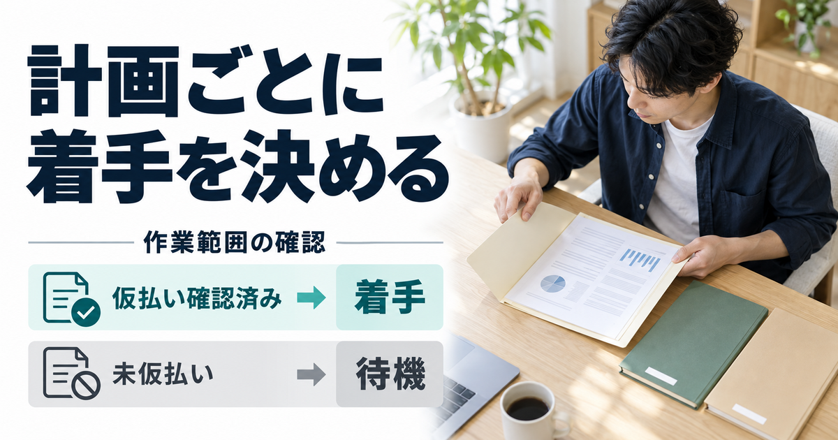 三つの計画から仮払い確認済みの作業範囲を選ぶ手元