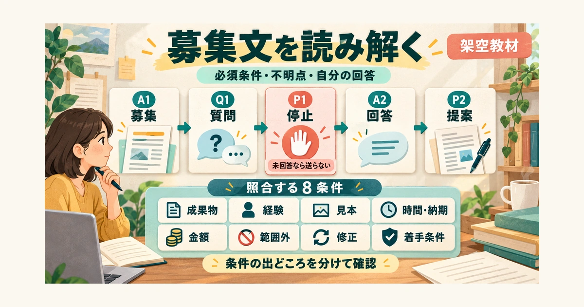 架空教材の読み順はA1原募集、Q1確認質問、P1未回答のため送信停止、A2架空回答、P2完成提案。成果物、経験、見本、時間・納期、金額、範囲外作業、修正、着手条件の8項目を、募集記載・回答確定・自分の条件案・公式の着手条件に分けて照合する。