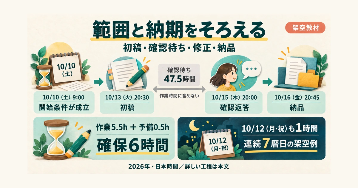 2026年日本時間の架空日程。10月10日土曜9時に開始条件が成立、13日火曜20時30分に初稿、15日木曜20時に確認返答、16日金曜20時45分に納品する7暦日。土曜3時間と月〜金の夜3時間を確保し、10月12日の祝日も20〜21時に1時間稼働する設定。作業5.5時間と予備0.5時間で計6時間。確認待ち47.5時間は作業時間に含めない。資料期限10月9日20時と、発注・承諾・最初の仮払い確認が必要な10月10日9時の開始条件は別。