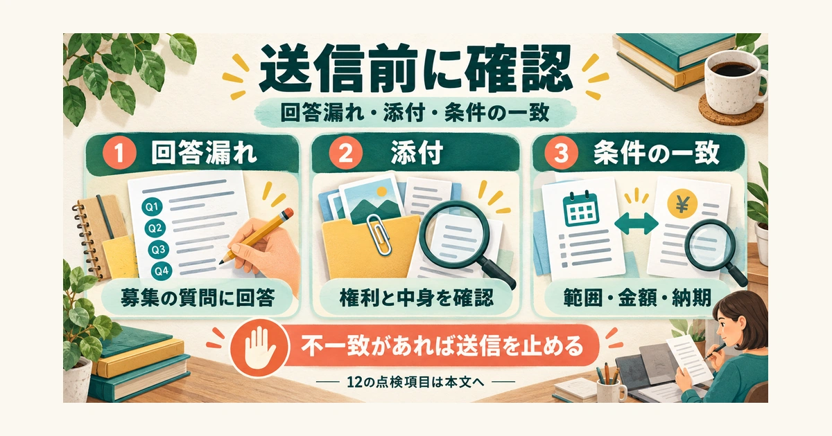 送信前に、募集の質問への回答漏れ、添付資料の権利と中身、範囲・金額・納期の一致を確認する。不一致があれば送信を止め、詳しい12の点検項目は本文で確認する。