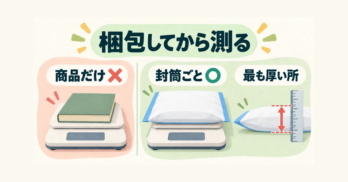 専用封筒と保護材を含めた重さと、最も厚い部分を測る