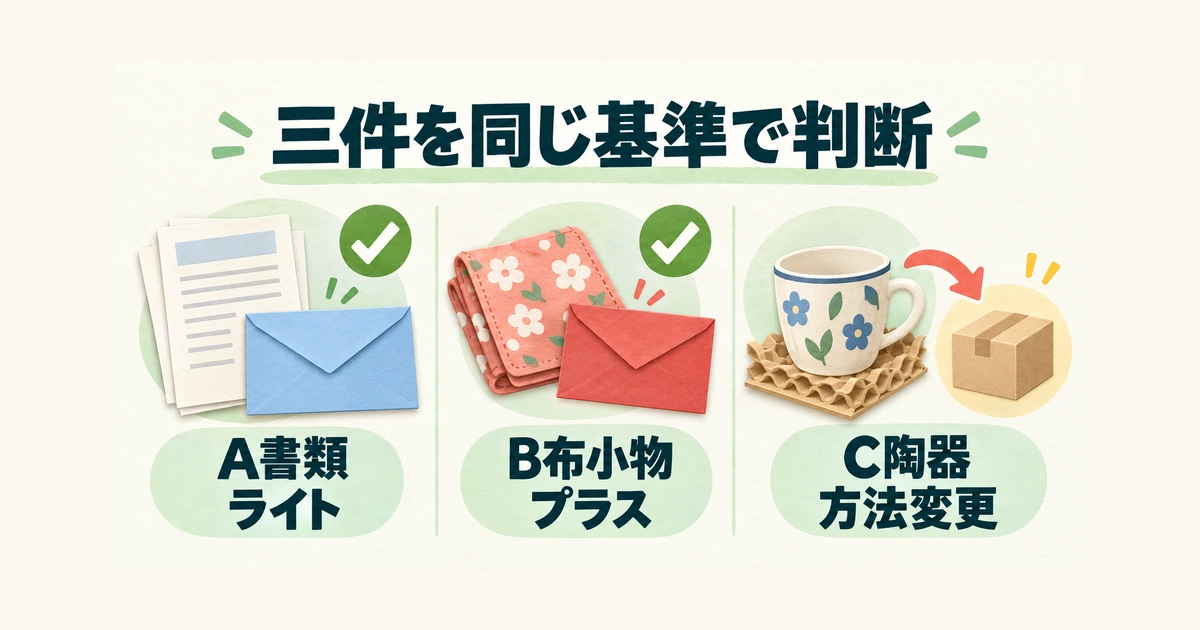 書類と布小物の発送例と、陶器の配送方法を見直す例