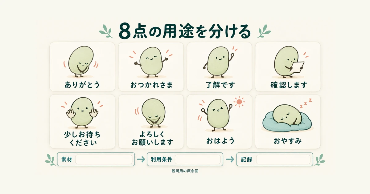 お礼、ねぎらい、了解、確認、待機、依頼、朝と夜の挨拶に分けた8点の架空図柄案と素材台帳の概念図