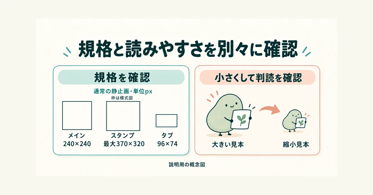 メイン240×240px、スタンプ最大370×320px、タブ96×74pxの規格と、縮小見本での判読点検を分けた概念図