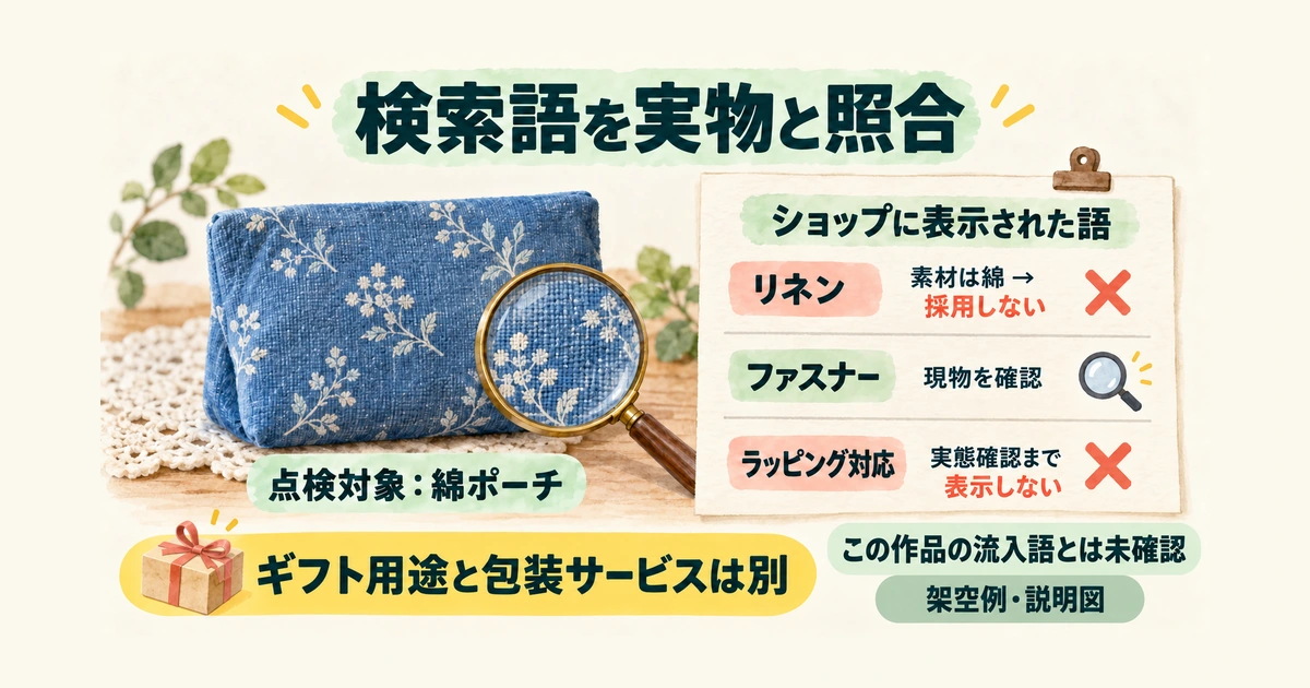 ショップの表示語を照合対象の綿ポーチの素材やサービス条件と比べる架空例