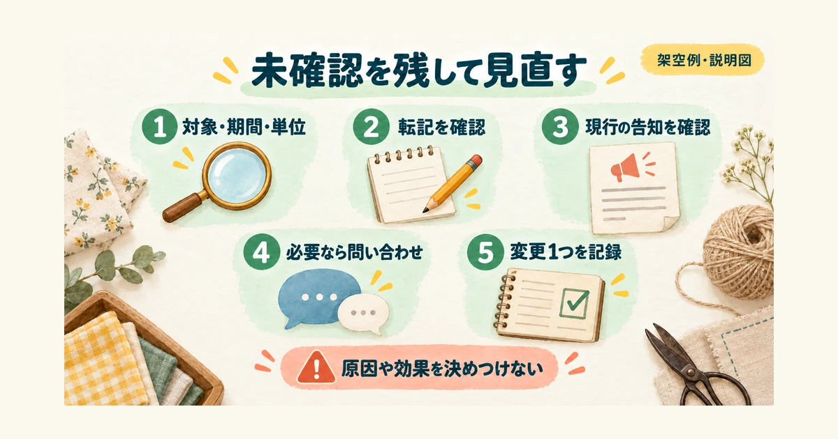 アクセス数が合わないときに対象と期間から確認し、未確認事項を残す五つの手順図