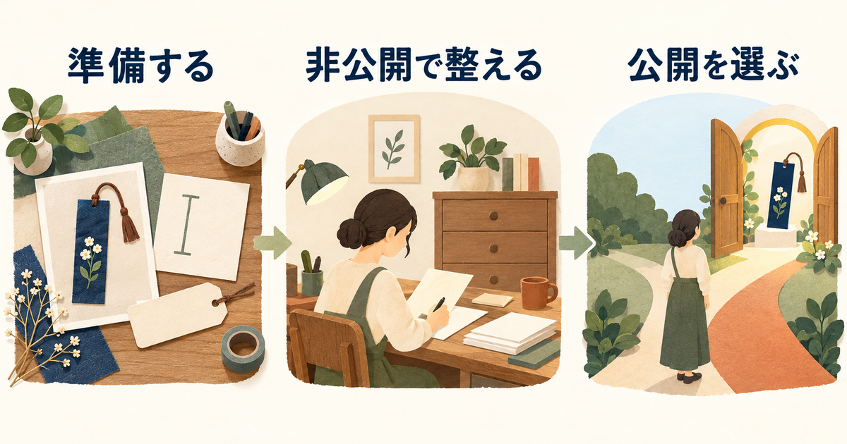 準備資料、非公開の入力作業、公開の判断を別の段階として示す図。