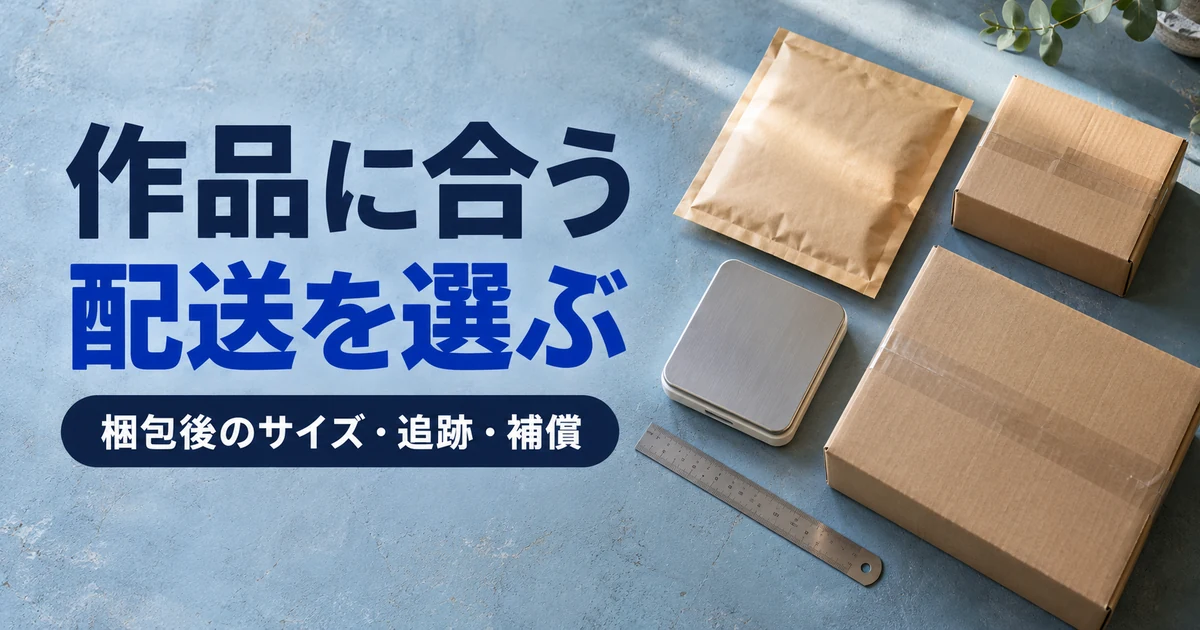 包装した荷物と計測用具を並べ作品に合う配送方法を選ぶ場面