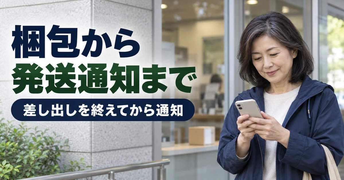 荷物を差し出した後でスマートフォンを確認する販売者