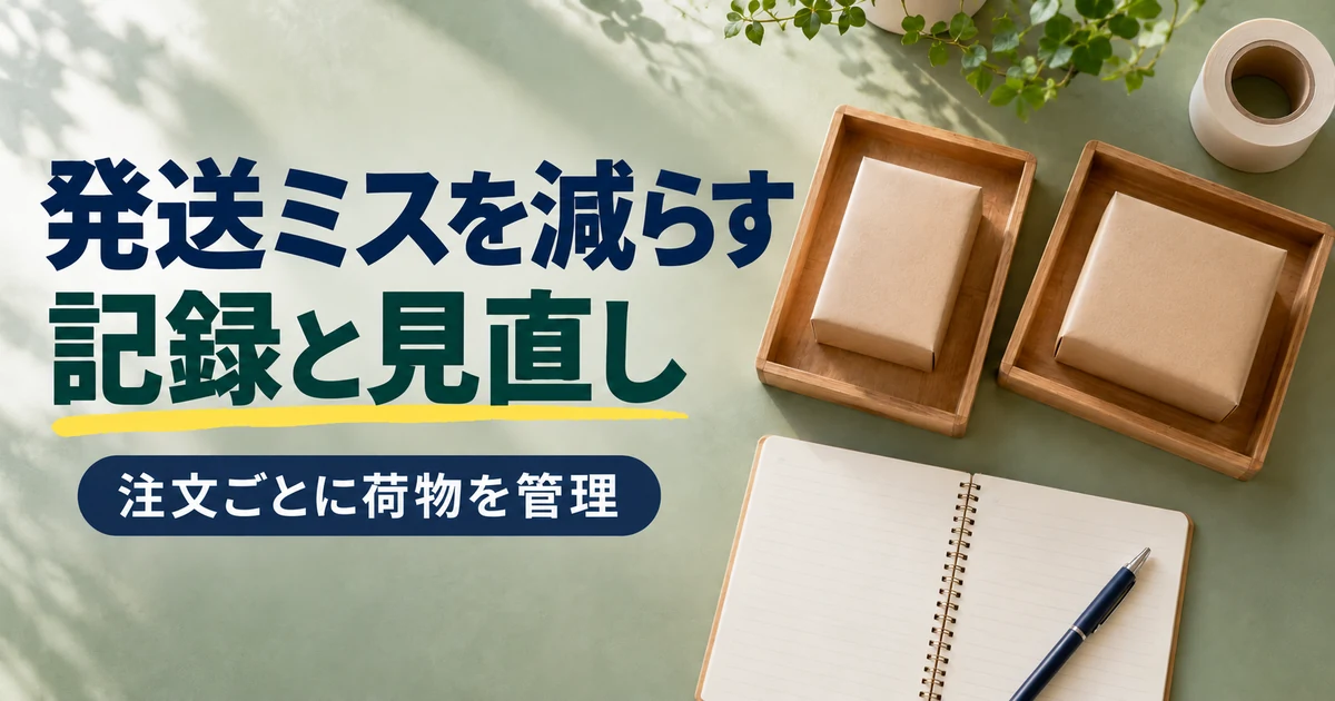 注文ごとに分けた荷物とノートで発送記録を見直す場面
