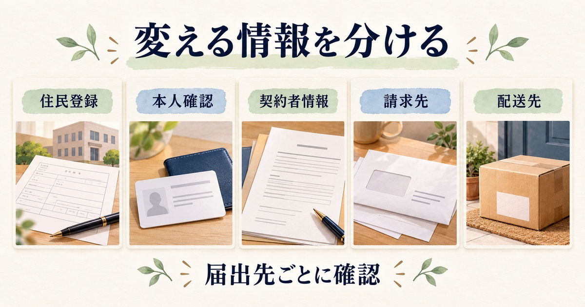 住民登録・本人確認・契約者情報・請求先・配送先の五種類を分ける図