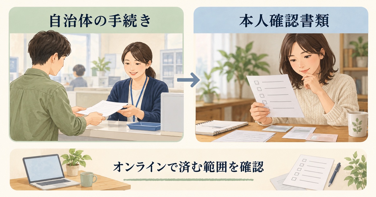 自治体の手続きと本人確認書類の更新を確認し、オンラインで済む範囲を分ける図
