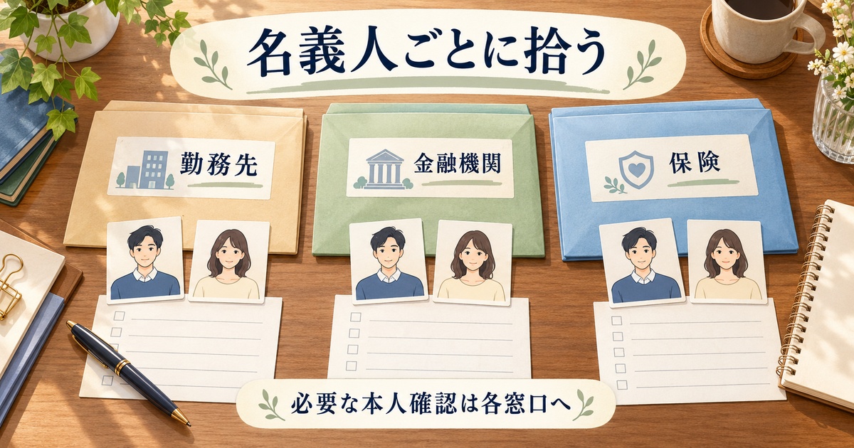 勤務先・金融機関・保険の住所変更を名義人ごとに整理する図