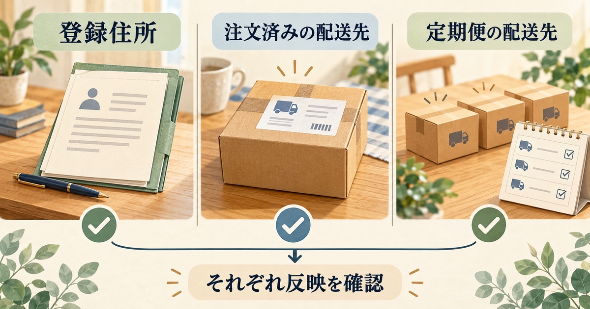 通販の登録住所、注文済み荷物、定期便の配送先をそれぞれ確認する図