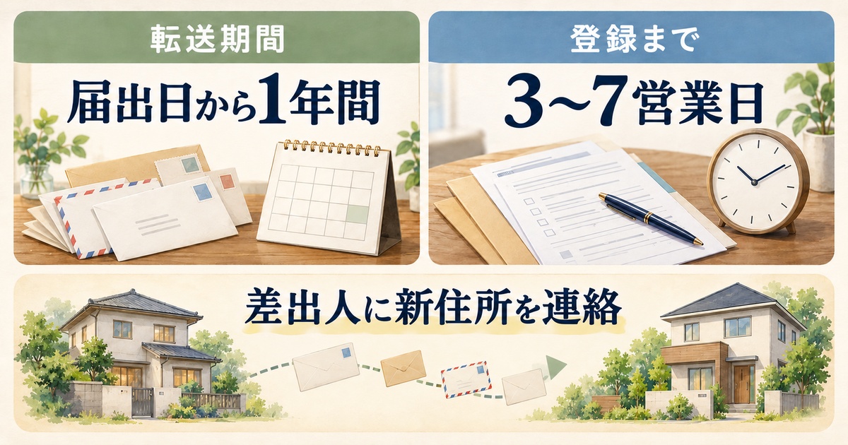 郵便の転送期間は届出日から一年間、登録までは三〜七営業日と分け、差出人への新住所連絡も促す図