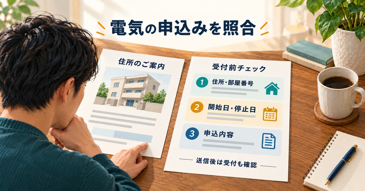 住所案内と電気申込みのチェック紙を照合し、部屋番号・日付・内容を確認する図
