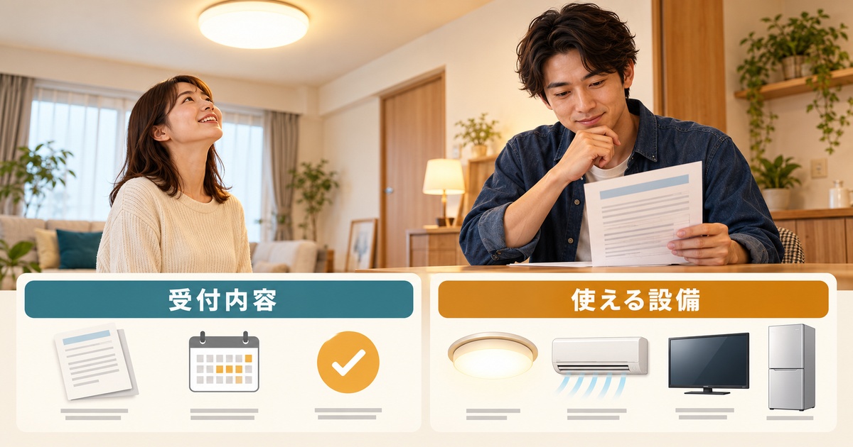 新居で照明の点灯と電気の受付内容を確認し、使える設備を確かめる二人