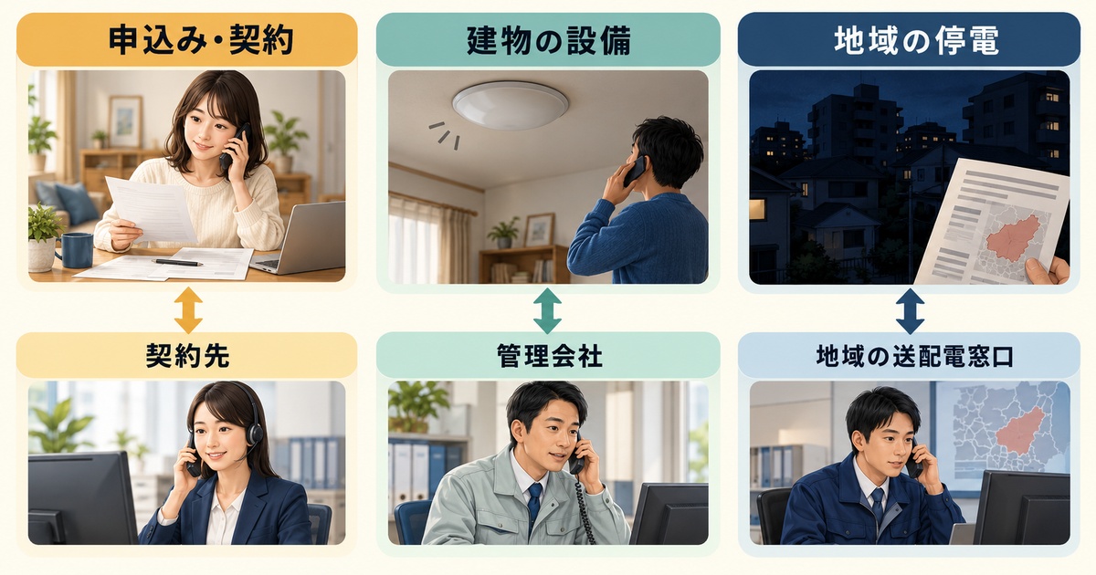 申込みは契約先、建物設備は管理会社、地域停電は送配電窓口へ相談する対応図