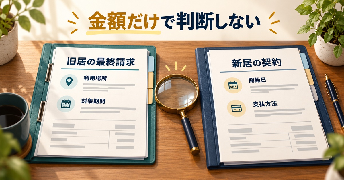 旧居の電気最終請求と新居の契約を、利用場所・対象期間・開始日・支払方法で照合する図