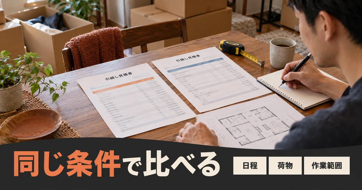 荷物のある部屋で二枚の見積書と間取りを見ながら比較条件を記入する男性
