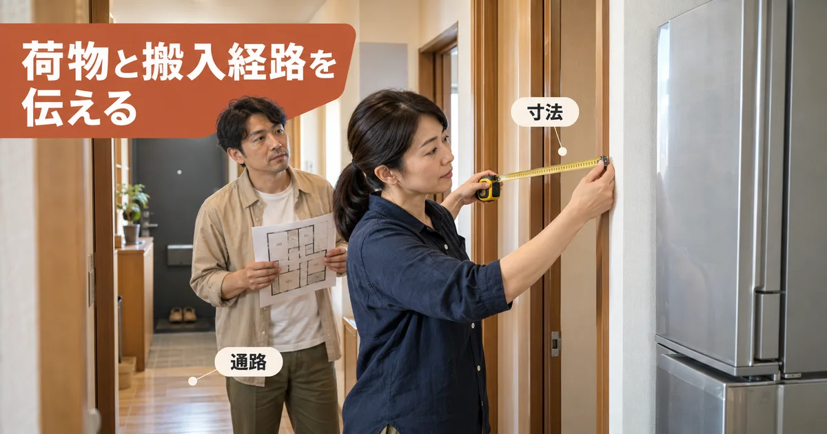 引越し前の住居で入口の寸法と搬入経路を確認する二人の成人