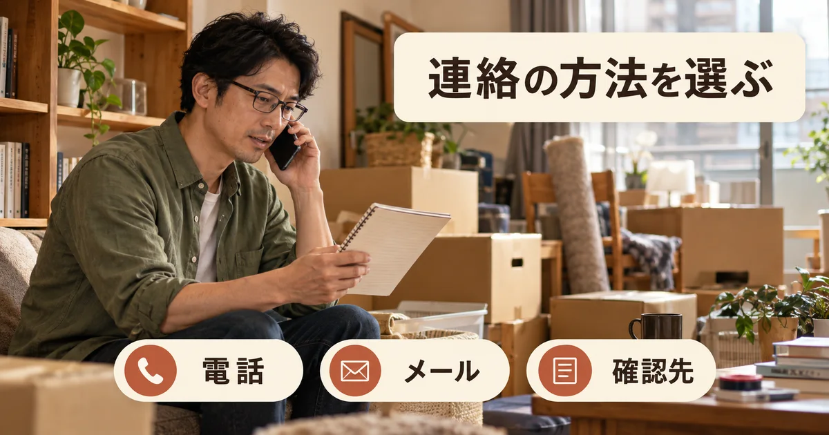 荷物をまとめた住居で見積もり先へ電話しメモを確認する男性