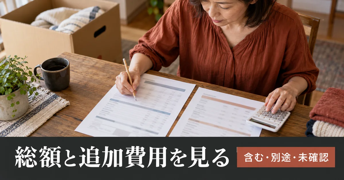 見積書と電卓を使い総額と別途費用を確認する女性