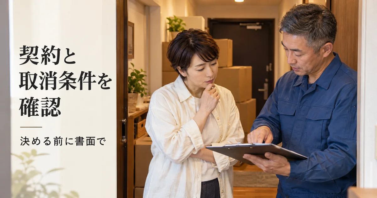住居の玄関で書面を見ながら契約と取消条件を確認する二人の成人