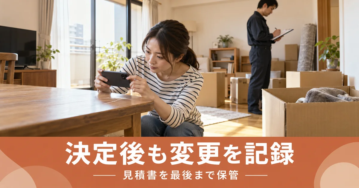 引越し時に家具の状態をスマートフォンで記録する女性と荷物を確認する作業担当者