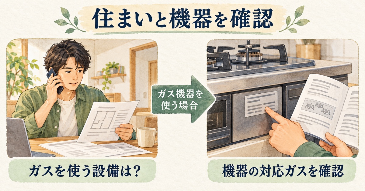 住まいでガスを使う設備を確認し、ガス機器を使う場合に銘板と説明書で対応ガスを確かめる図