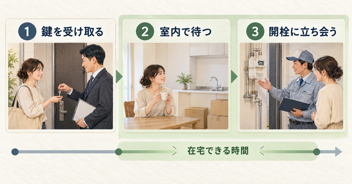 鍵の受取り、室内での待機、開栓の立会いを順に並べ、在宅できる時間を確保する図