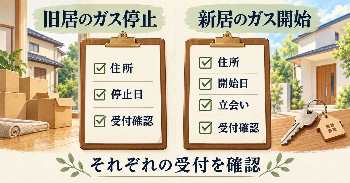 旧居のガス停止と新居のガス開始を別々のチェック表で確認する図