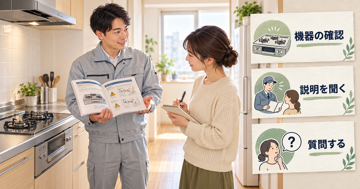 片づいたキッチンで専門作業員から機器と安全の説明を受け、メモを取る入居者