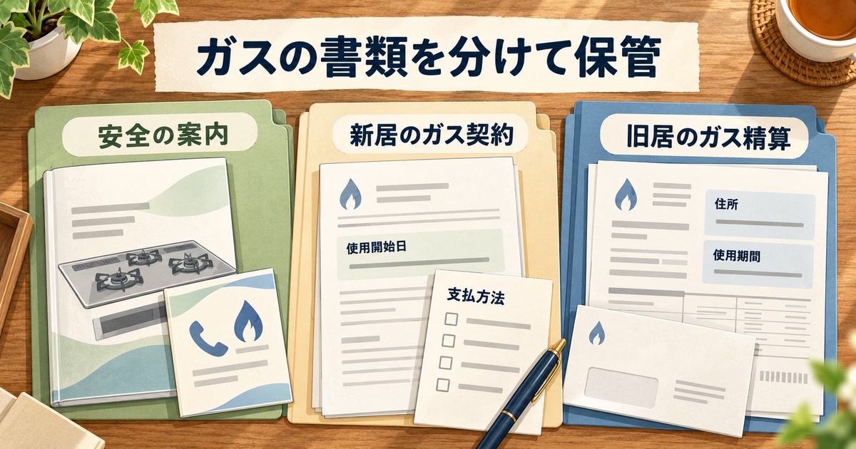 安全の案内、新居のガス契約、旧居のガス精算を用途別に分けた書類の図